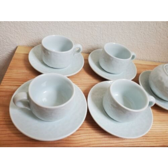 10 Piece Tea Cups Saucers Creamer‎ Set Chinese Pale Green Textured Floral - Picture 3 of 10